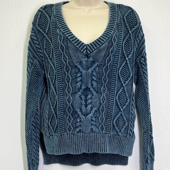 Anthropologie- Pilcro Blue Washed Out Cable Knit Long Sleeve Sweater Size XS - Picture 2 of 11